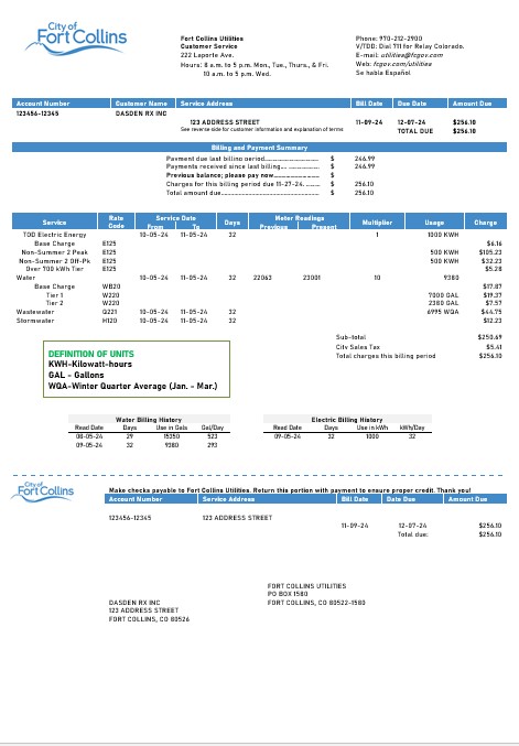 USA Colorado Fort Collins Utilities business utility bill template in Word and PDF formats